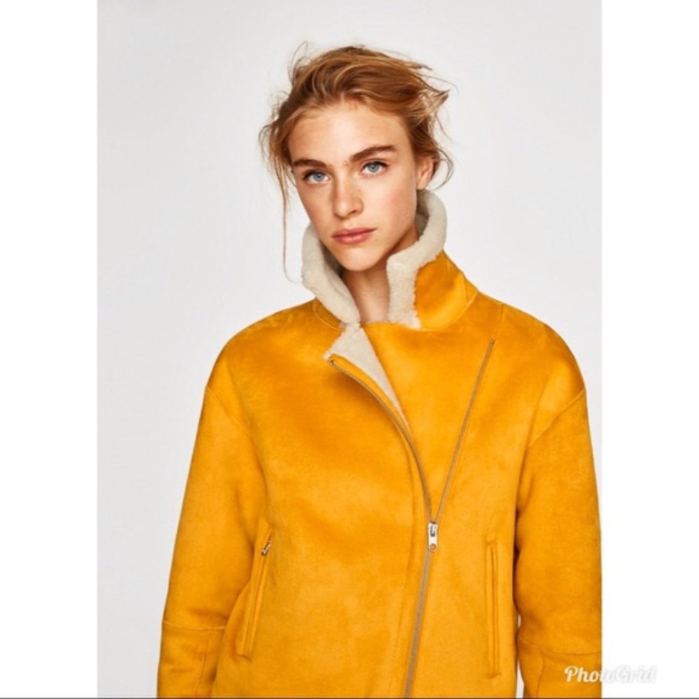 NWOT Zara Yellow Shearling Faux Suede Biker Jacket